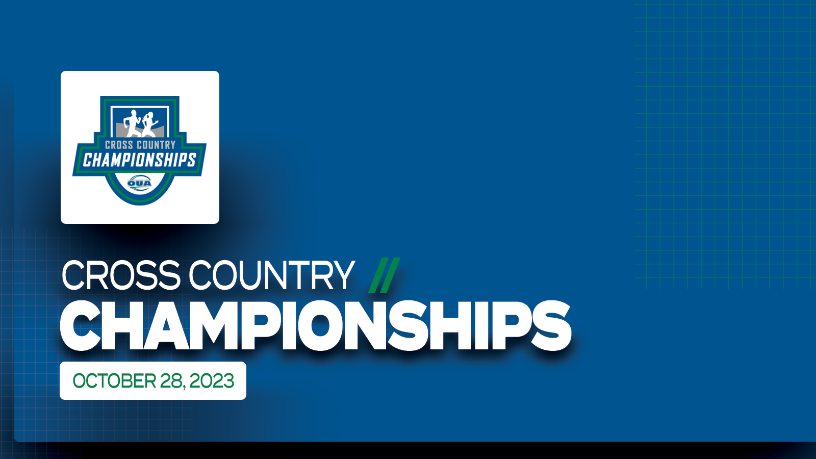 Graphic on predominantly blue background featuring white text that reads, 'Cross Country Championships, October 28, 2023' and the OUA Cross Country Championships logo placed above it on a small white square