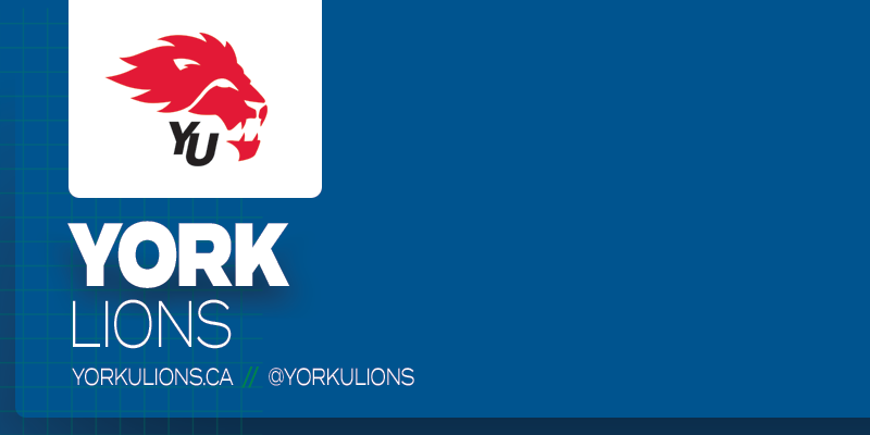 Predominantly blue graphic with York Lions logo on small white rectangle and white text below it that reads 'York Lions'