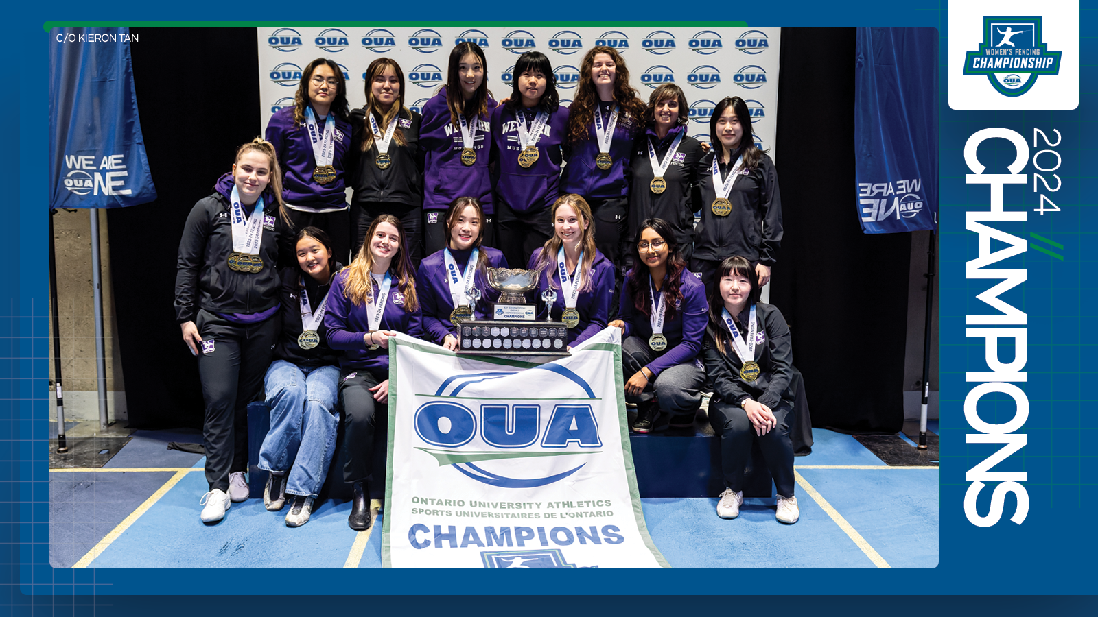 Predominantly blue graphic covered mostly by 2024 OUA Women's Fencing Championship banner photo, with the corresponding championship logo and white text reading '2024 Champions' on the right side