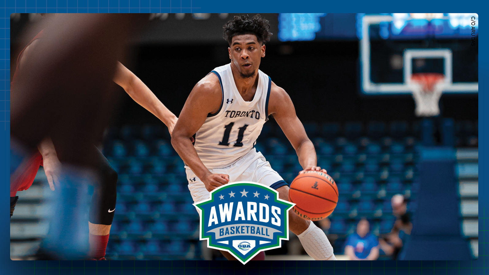 Action photo of Toronto men's basketball player Aru Das featured on a blue background with the OUA Basketball Awards logo centered in the lower third