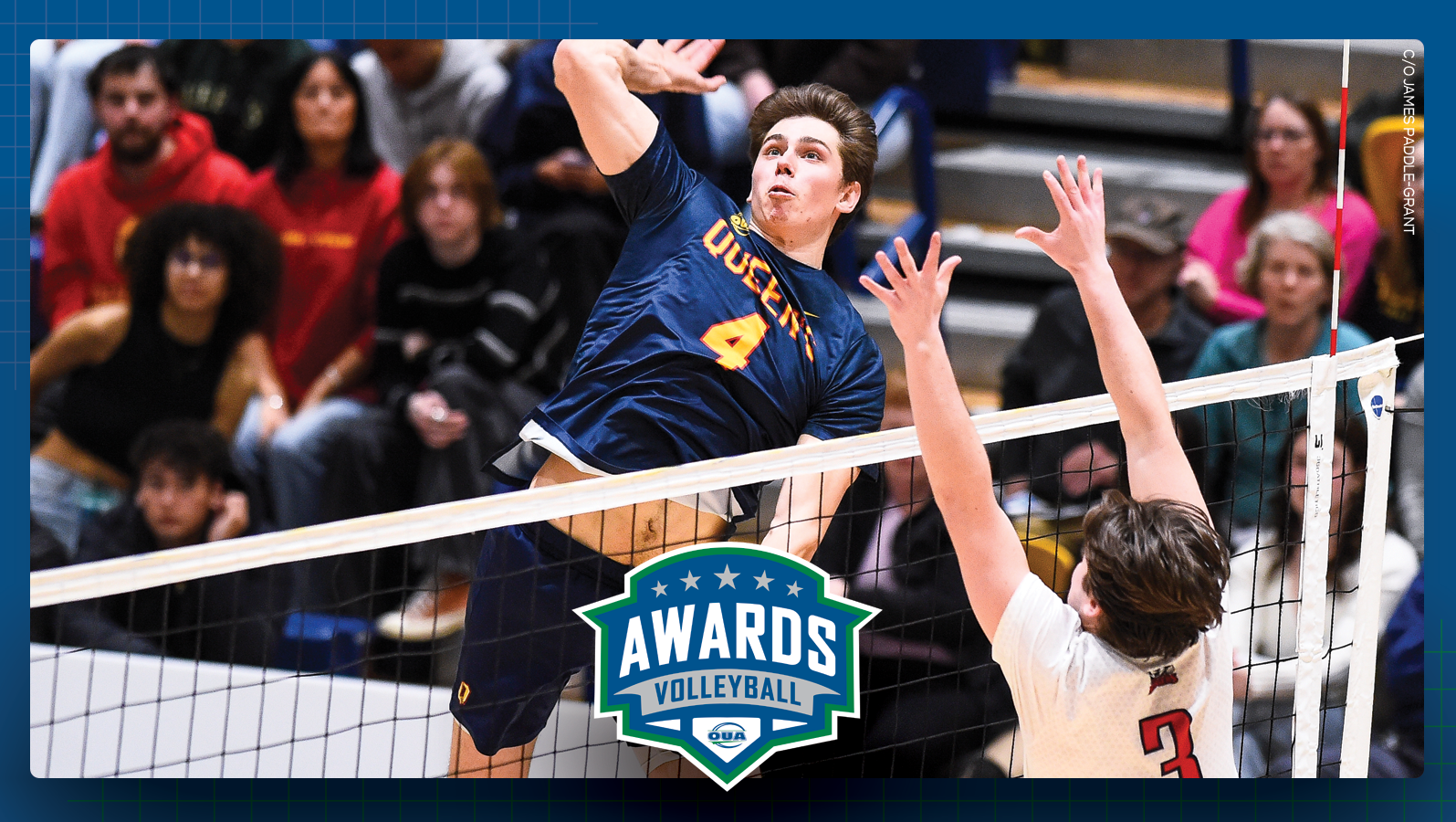 Graphic on blue background featuring action photo of Queen's men's volleyball player Erik Siksna, with the OUA Volleyball Awards logo centered in the lower third
