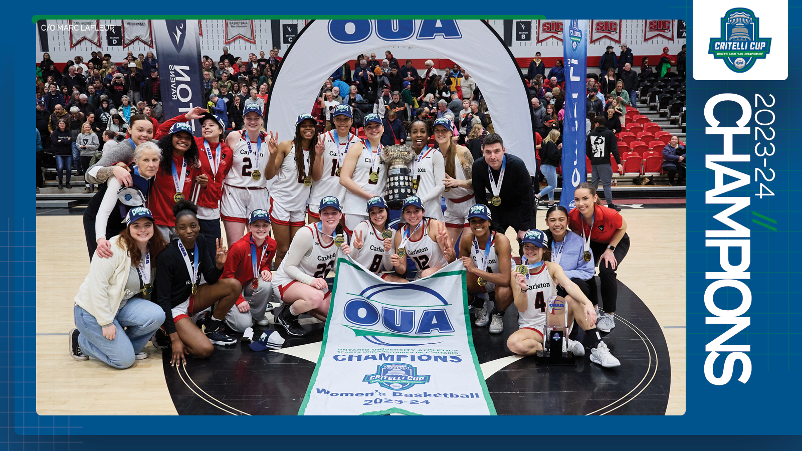 Predominantly blue graphic covered mostly by 2023-24 OUA Women's Basketball Championship banner photo, with the corresponding championship logo and white text reading '2023-24 Champions' on the right side