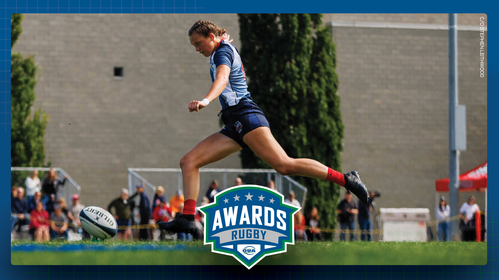 Action photo on predominantly blue background featuring Brock women's rugby player Paige DeNeve, with the OUA rugby awards logo centered in the lower third on top of the image